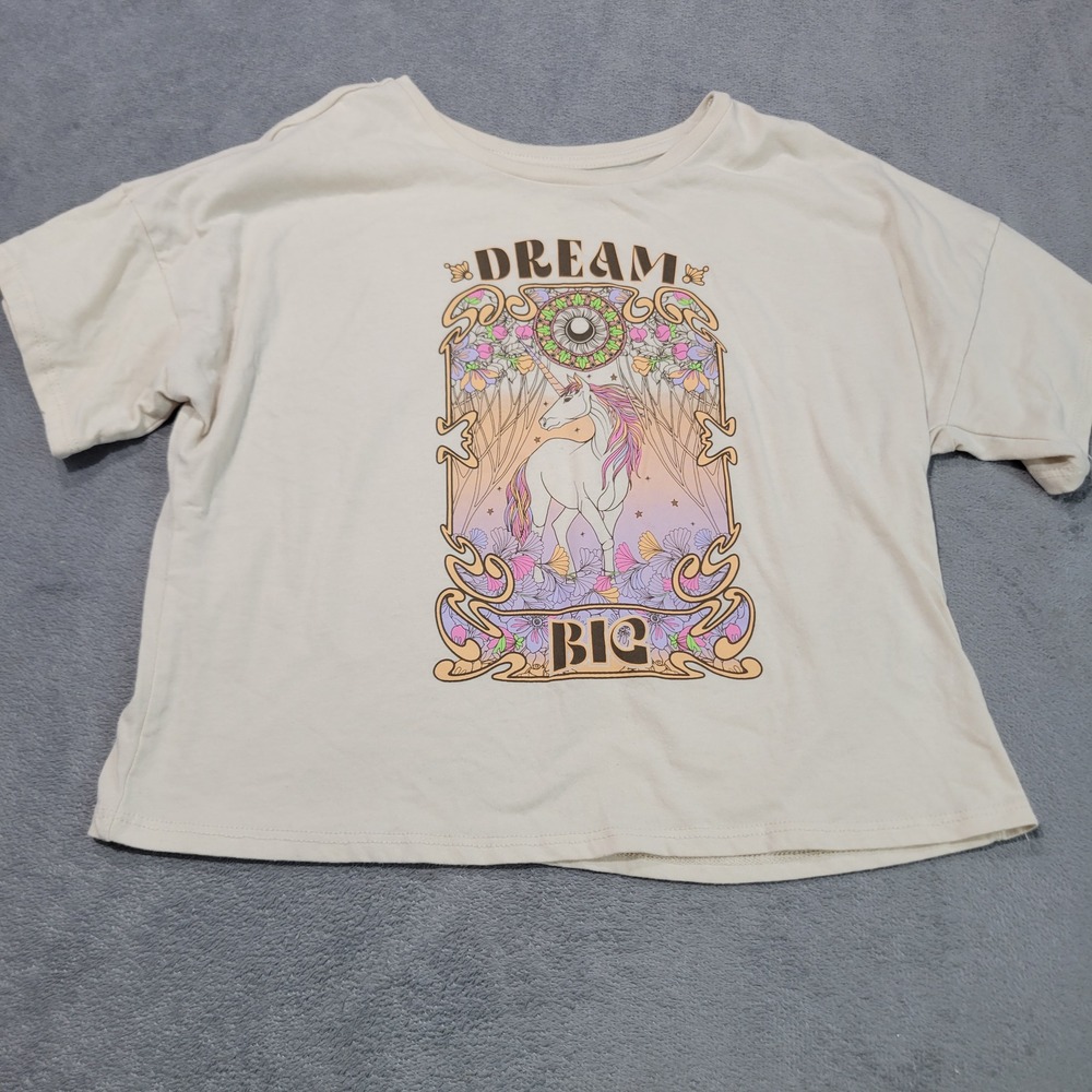 Wonder Nation Girl L 10-12 Cream Dream Big Unicorn Graphic Boxy Short Sleeve Tee